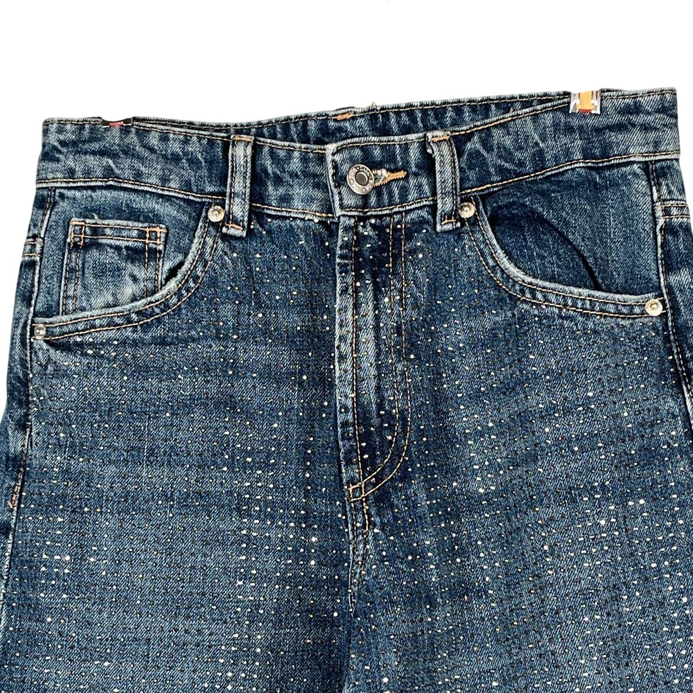 Zara Womens Size 0 Blue Sparkle Rhinestone Jeans High Rise Straight Leg Denim